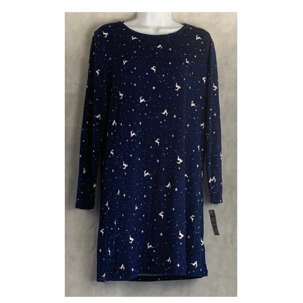 Charter Club Women's Soft Butter Knit Sleepshirt, Navy Blue Reindeer, XS
